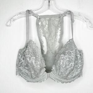 Victorias Secret Pink Silver Gray Lined Front Close Bra Plunge Racerback US 36DD